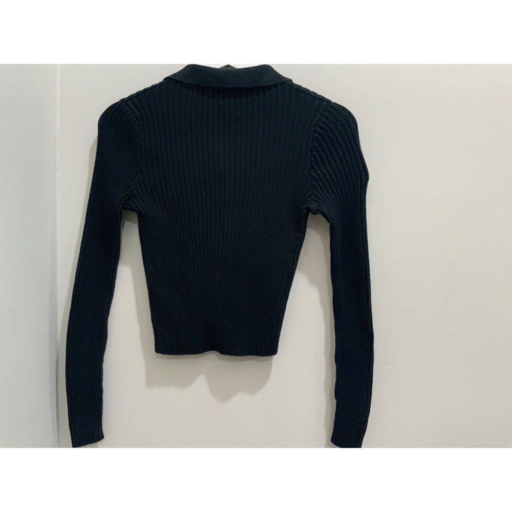 Brandy Melville Black Ribbed Button Down Collared Cardigan Sweater Cropped Slim - Picture 6 of 10